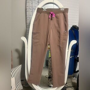 FIGS Taupe Scrub Pants with Pink Drawstring Accent
